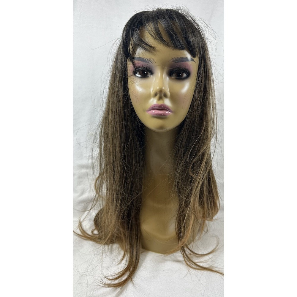 Med Brown Wig Long Layered Straight Hair Dark Roots Caramel Ombre W/Bangs